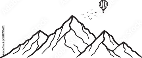 Minimalist mountain range line art illustration with hot air balloon and birds, simple black and white vector design