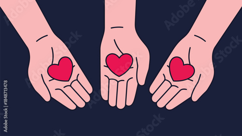 Three hands gently hold bright red heart symbols on a dark blue background showing care and giving