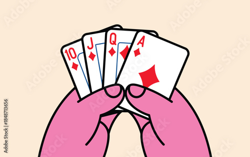 Two pink stylized hands hold a winning royal flush of diamond playing cards