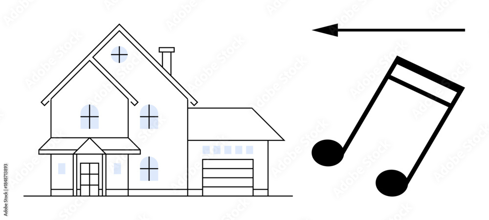 Fototapeta premium Music concept. A modern house design integrated with a musical note and directional arrow. Music creativity and inspiration. For music production, architecture, lifestyle, promotions, education