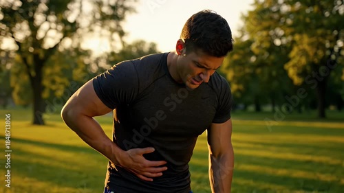 Athletic Man Grasping Side in Pain During Golden Hour Sunlight in Outdoor Park Setting