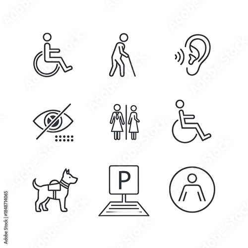 Accessibility symbols wheelchair elderly hearing vision restroom parking and service dog