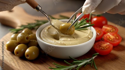 Creamy Hummus With Olives Cherry Tomatoes And Rosemary Sprigs On Wooden Board