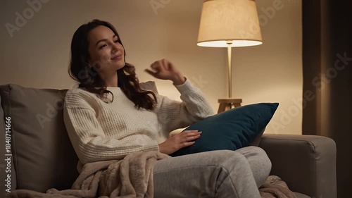 Young Woman Relaxing on Couch Cozy Evening Warm Lighting and Plush Blanket
