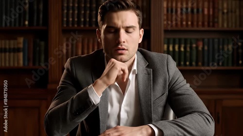 Thoughtful Caucasian Man Wearing Gray Blazer and White Shirt Pondering Deeply with Hand on Forehead in Library Setting