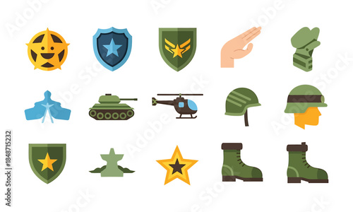 Military force and defense collection: icons of war equipment and soldier gear