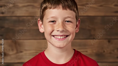 Joyful Young Boy With Freckles Wearing Red Shirt Smiles Warmly Against Rustic Wood Paneled Background