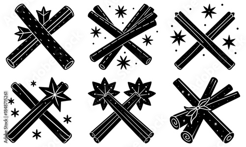 Five Bundles of Fireworks with Stars and Ribbons on White Background celebration