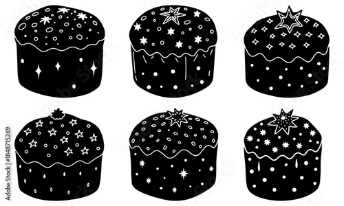 Six Decorated Cupcakes with Stars and Dots on Transparent Background black