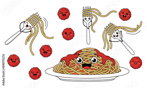 A playful illustration of animated spaghetti and meatballs with happy forks twirling pasta