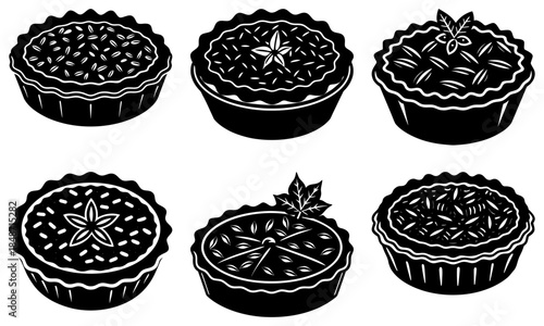Six Black and White Pie with Floral and Leaf Decorations on Transparent Background