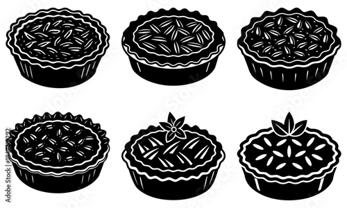 Six black and white pie with different crust on a white background dessert pastry