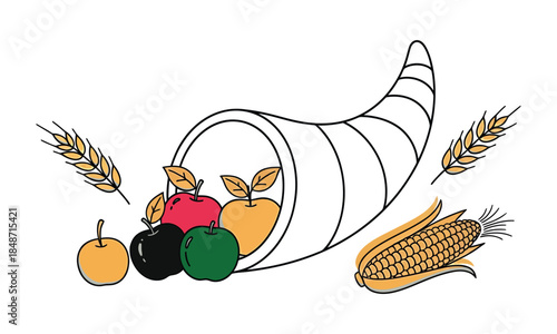 Bountiful harvest cornucopia with colorful apples, golden wheat, and corn illustration