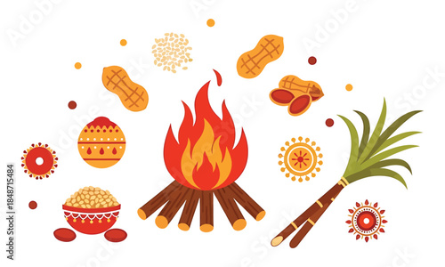 Vibrant harvest festival celebration with traditional lohri bonfire, peanuts, and sugarcane