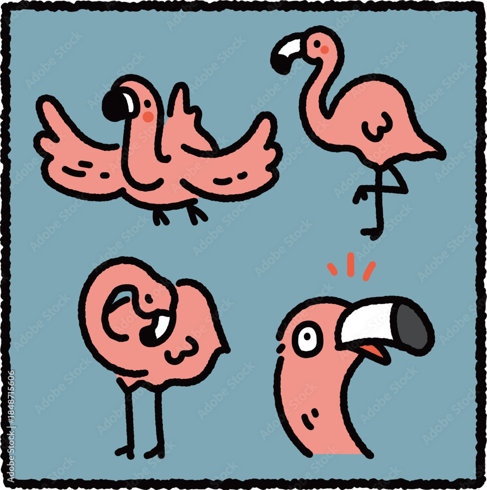 Obraz premium Cute Hand-Drawn Flamingo Sticker Set with Elegant and Playful Poses – Adorable Pink Cartoon Bird Illustration