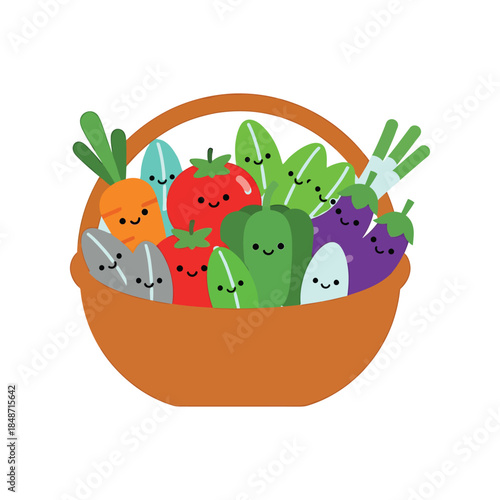 A delightful basket overflowing with fresh and adorable cartoon vegetables, full of joy