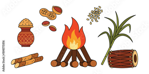 Colorful illustration of indian harvest festival elements including bonfire, peanuts, and sugarcane
