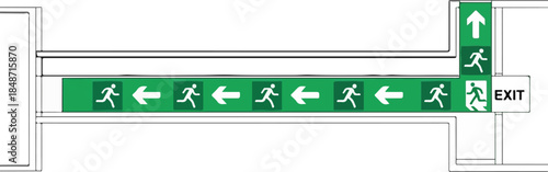 Emergency Exit Signage with Running Man Symbols and Arrows Indicating Evacuation Route.