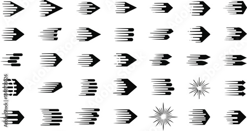 Dynamic collection of speed arrows and starbursts illustrating motion and direction in a graphic design context.