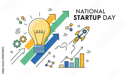 National startup day concept with innovative ideas, growth, and rocket launch