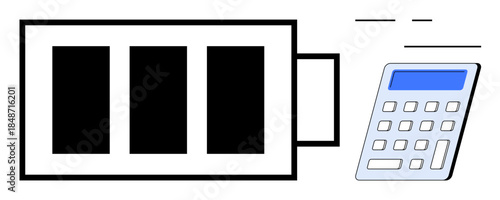 Energy measurement, battery charging, power management, efficiency monitoring, renewable energy, calculation tools. Black battery icon next to blue-screen calculator. Energy measurement and power