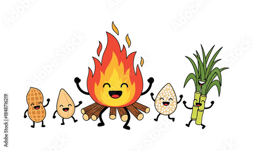 Joyful bonfire celebration with happy crops like peanut, sesame, and sugarcane