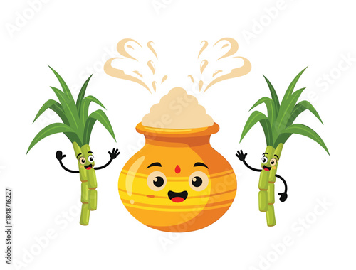 Happy harvest festival celebration with a cheerful pongal pot and waving sugarcanes