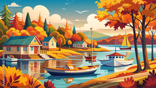 Very beautiful autumn serenity at Sister Bay Harbor in Door County, Wisconsin, with colorful boats, calm water, scenic beach, and vibrant fall foliage creating a peaceful coastal atmosphere.