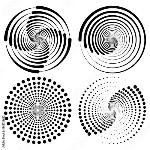 set of abstract circles halftone spiral background retro black template vector