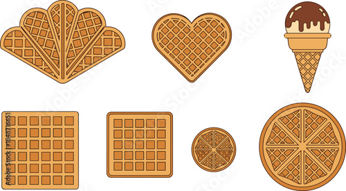 Assorted waffle shapes and ice cream cone with chocolate topping, dessert variety concept, flat vector illustration, white background