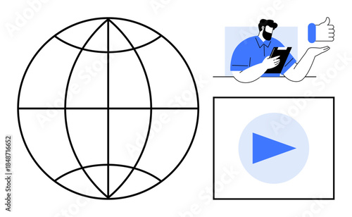 Social media, online communication, video streaming, global networking, interactive content, digital marketing. Globe, man with tablet play button. Social media and online communication