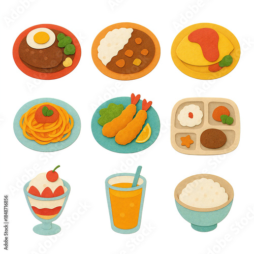 日本のファミリーレストランで人気の9種類のメニューアイコンセット, 透明背景