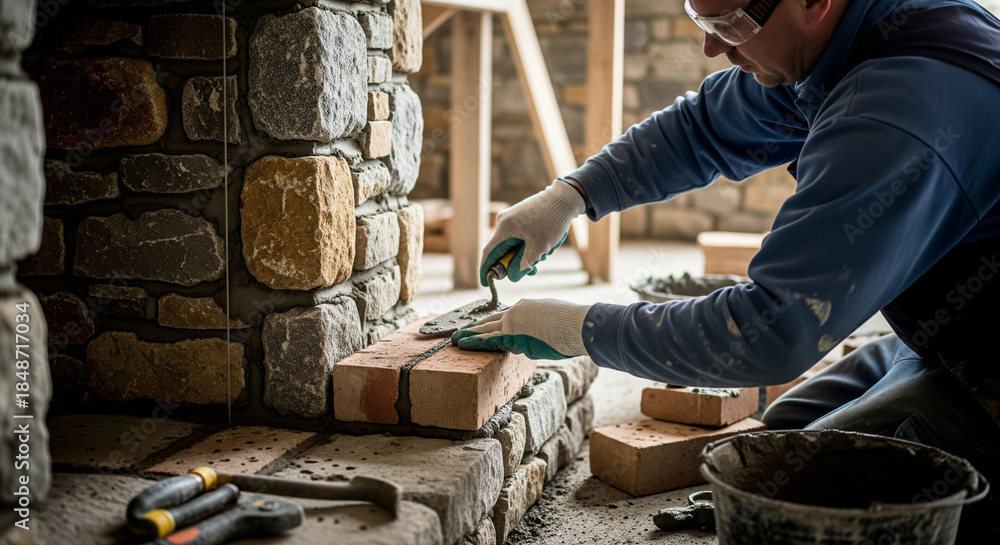 Fototapeta premium Builder laying brickwork while building a fireplace. Selective focus.