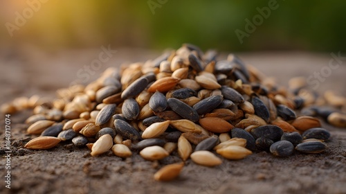 Close up ro view of a diverse pile of raw organic seeds with varied textures and colors bathed in warm golden sunset light