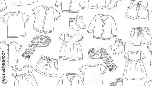 Children’s clothing line art pattern with shirts, dresses, socks, cardigans, fashion elements, black and white, flat vector illustration