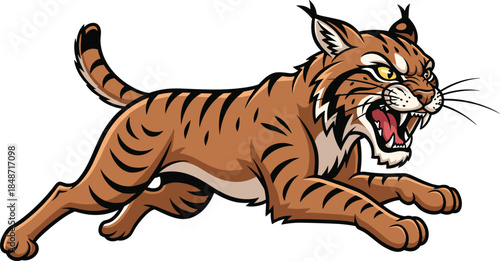 Aggressive bobcat leaping with claws out, fierce expression, dynamic pose, wild predator in motion, flat vector illustration