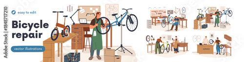 Bicycle repair service, mechanics fixing bikes at workshops set. Repairmen, workers pumping tires, working with cycle chain, wheel puncture. Flat vector illustrations isolated on white background