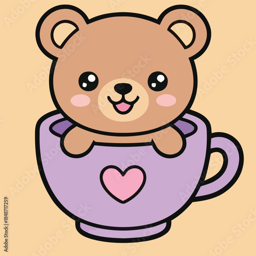 Cute brown bear sitting in teacup vector art