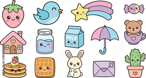 Set of cute kawaii stickers and icons vector