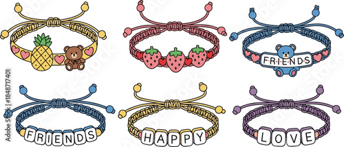 Colorful friendship bracelets with cute charms, words like FRIENDS, LOVE, HAPPY, playful design, kids accessories, flat vector illustration