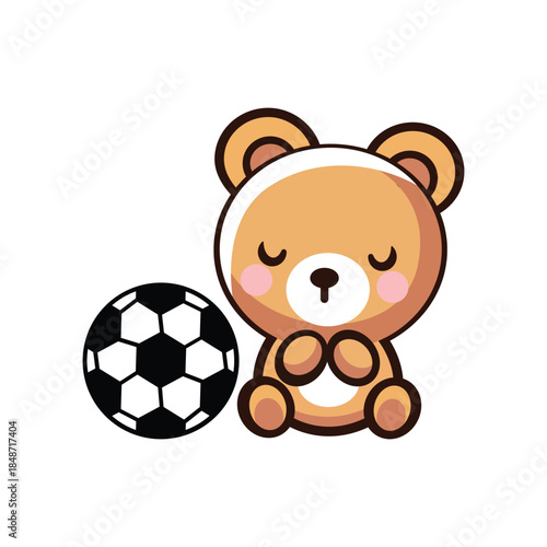 Cute kawaii teddy bear praying with a soccer ball. Adorable character mascot or icon for a kids sports team t-shirt design.