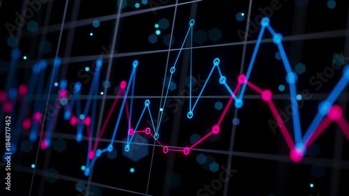A looped 3D animation of glowing blue and pink financial line charts moving across a dark digital grid, depicting dynamic market fluctuations, stock analytics, and modern data visualization.