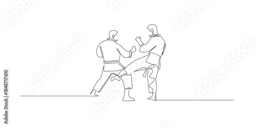 Continuous line drawing depicting two male martial artists sparring with kicks and blocks. Single line illustration is suitable for sports, martial arts, and competition themes.