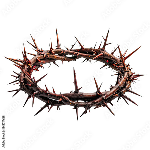 A dramatic, close-up rendering of a crown of thorns against a stark black background.