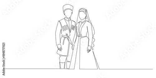 Continuous line drawing of a man and woman wearing traditional Chechen clothing symbolizing cultural identity heritage and unity. Single line for ethnic culture history and tradition themes.