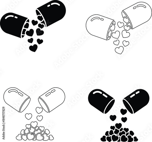 Love Pills and Capsule Vector Icons – Medicine for Heart and Addiction Symbols