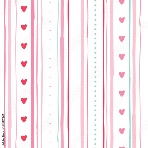 Valentine's day striped seamless pattern with hearts and dots for wallpapers, textile prints, wrapping paper, backgrounds, etc. Good for Women's amd Mother's day. EPS 10