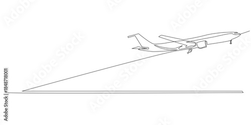 Continuous line drawing of an airplane taking off symbolizing travel freedom and progress. Single line illustration suitable for aviation tourism journey and transportation themes.