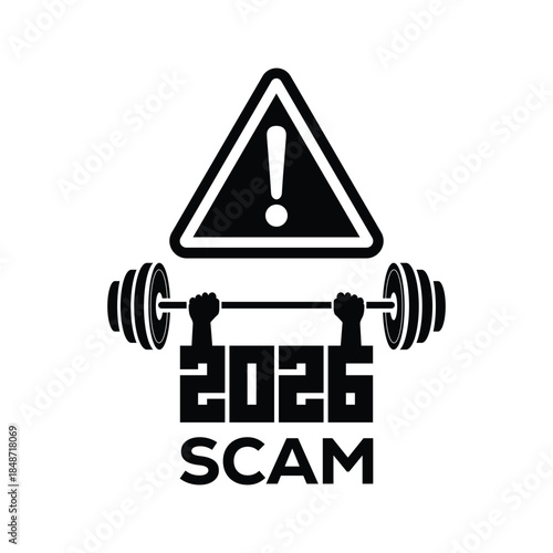 Bold black “2026 scam” warning sign with exclamation mark in triangular hazard icon, modern graphic design on white background, concept for fraud alert, suspicious schemes, consumer protection.