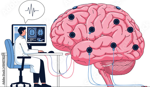Human brain with electrodes, computer interface, brain scan, neuroscience research, doctor at desk, cognitive study, flat vector illustration